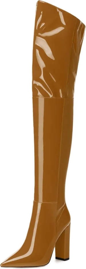 MERRORI Women's Thigh High Boots Pointed Toe 4.3-Inch Chunky Heel Over The Knee Boots Patent Sexy Fashion Side Zipper High Heel Boots
