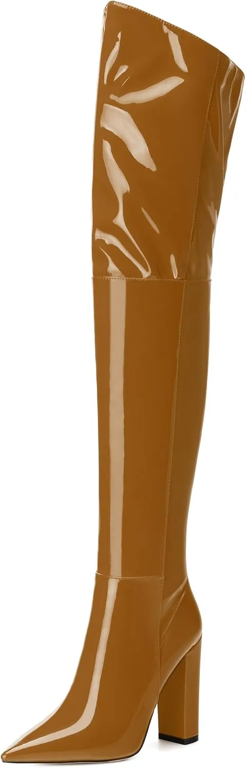 MERRORI Women's Thigh High Boots Pointed Toe 4.3-Inch Chunky Heel Over The Knee Boots Patent Sexy Fashion Side Zipper High Heel Boots