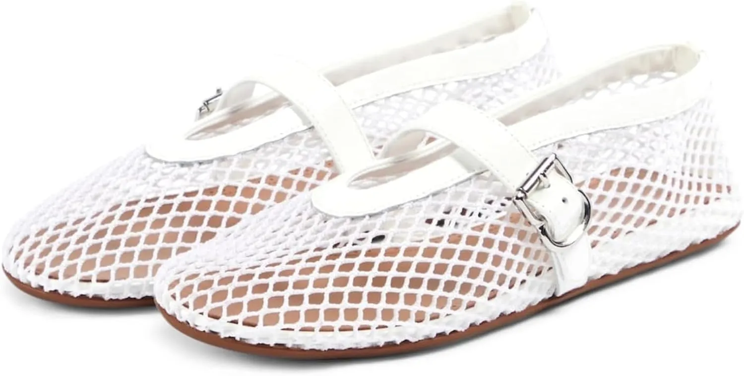 Mesh Ballet Flats for Women Buckle Strap Ballerina Flats Comfy Casual Ballerina Fishnet Mary Jane Flats Daily Dress