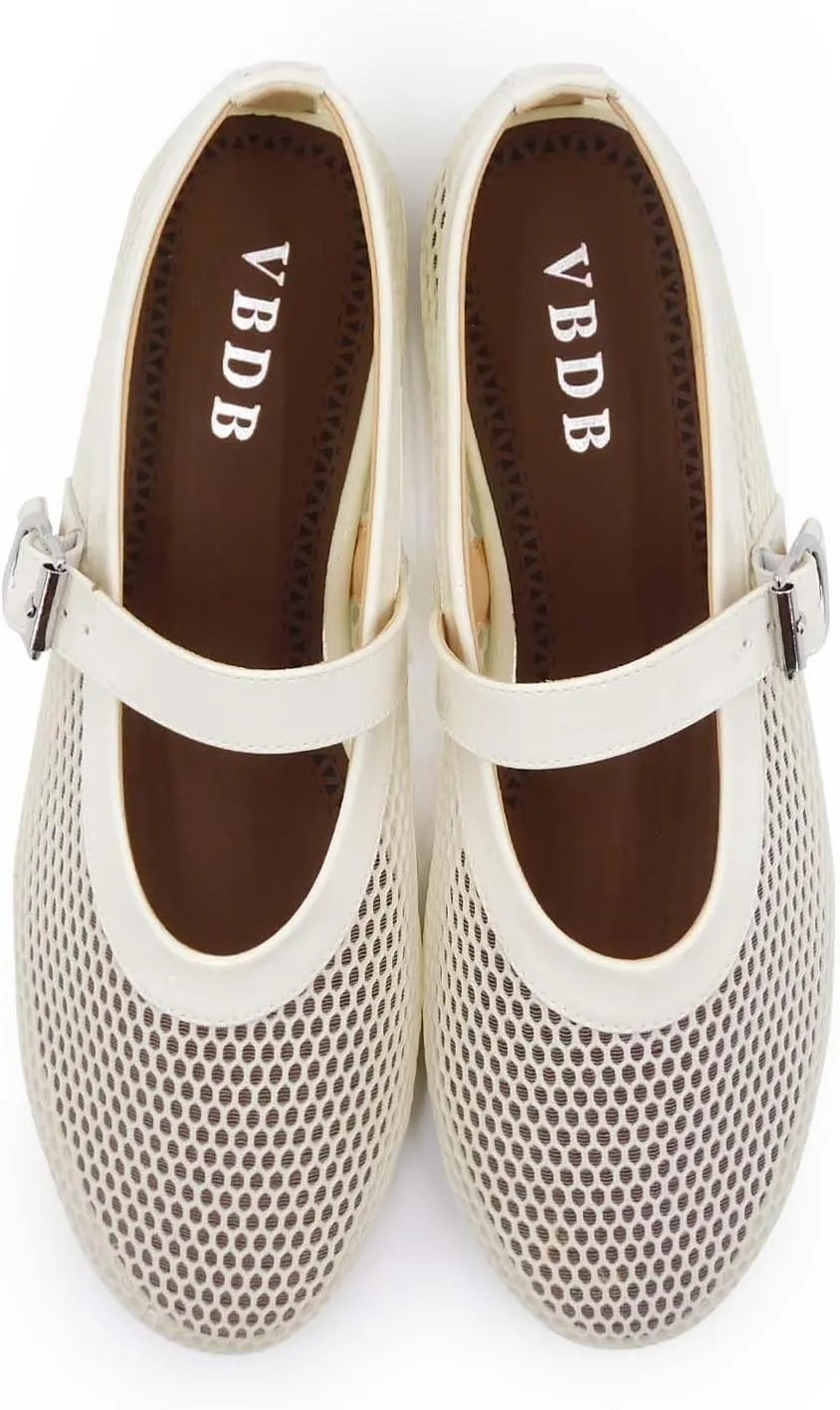 Mesh Ballet Flats for Women Round Toe Buckle Strap Comfy Casua Office Ballerina Mary Jane Flats Shoes
