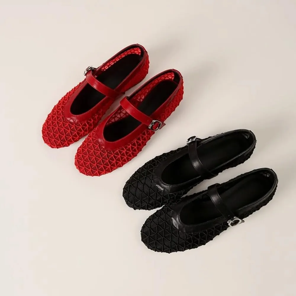 Mesh Mary Jane Flats for Women Jelly Mesh Ballet Flats Clear Hollow Sandals Slip on House Slippers Dressy Ballerina Shoes Low Top Buckled Straps Lightweight Breathable Beach Party Cruise Vacation