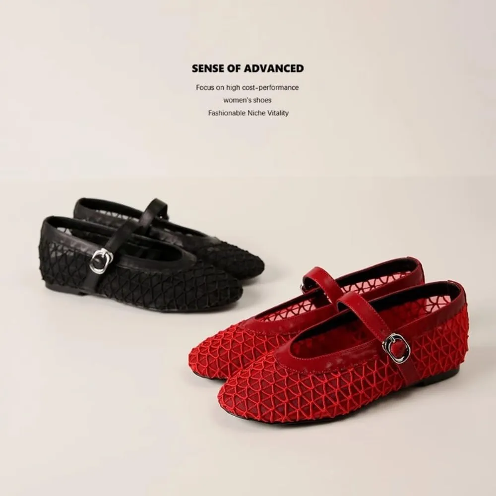 Mesh Mary Jane Flats for Women Jelly Mesh Ballet Flats Clear Hollow Sandals Slip on House Slippers Dressy Ballerina Shoes Low Top Buckled Straps Lightweight Breathable Beach Party Cruise Vacation