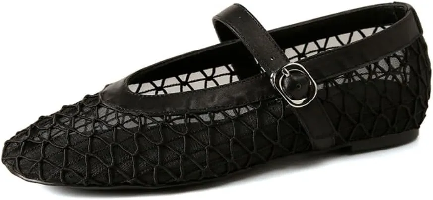 Mesh Mary Jane Flats for Women Jelly Mesh Ballet Flats Clear Hollow Sandals Slip on House Slippers Dressy Ballerina Shoes Low Top Buckled Straps Lightweight Breathable Beach Party Cruise Vacation