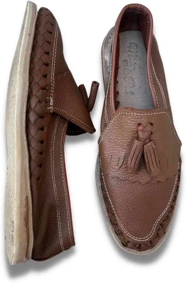 Mexico en la Piel Men’s Handmade Leather Huarache Sandals – Genuine Leather, Comfortable, Water-Resistant, Casual Slip-On Flats with 2 Tassels Design – Size 8US to 13US