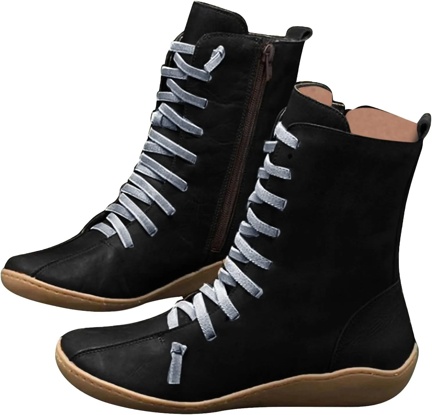 Mid Calf Boots Women Flat Boots for Women Retro Round Toe Lace up Comfortable Lightweight Walking Shoes Women Boots