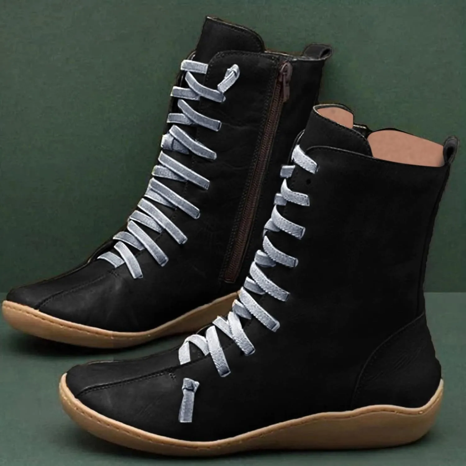 Mid Calf Boots Women Flat Boots for Women Retro Round Toe Lace up Comfortable Lightweight Walking Shoes Women Boots