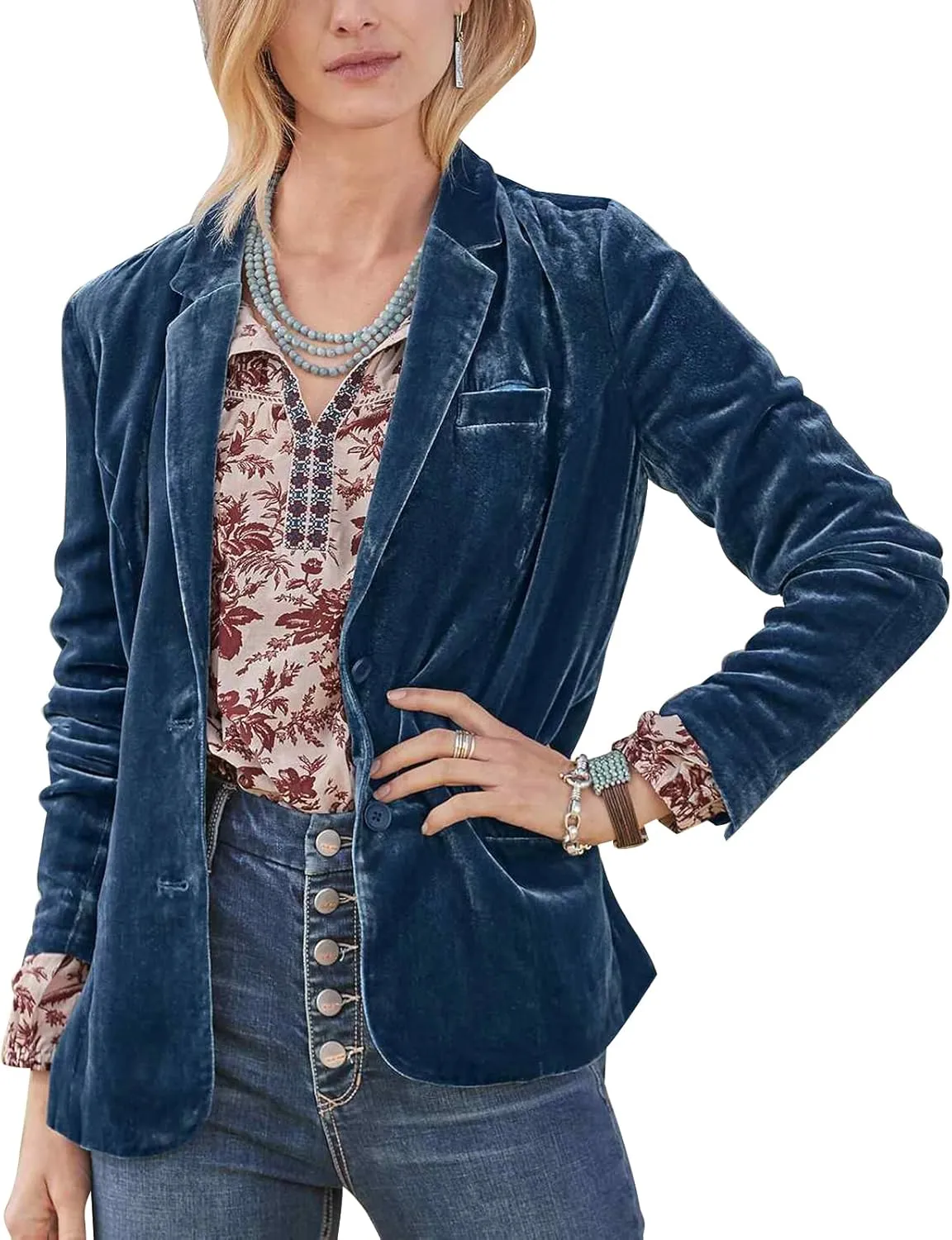 Mintlimit Women's Velvet Blazer Jacket - Long Sleeve V Neck Coat