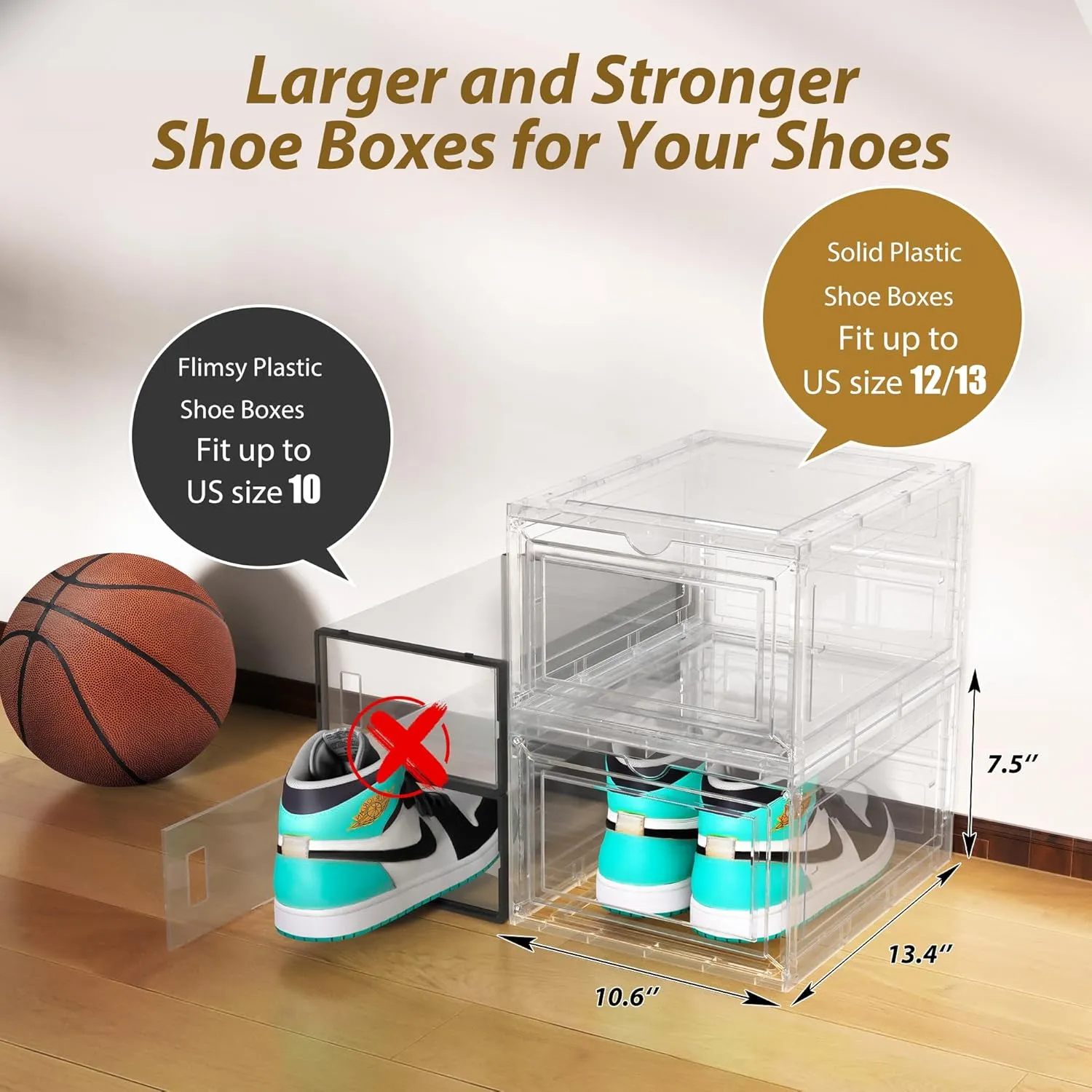 Mitees 10 Pack XX Large Thicken Sturdy Hard Plastic Clear Stackable Shoe Storage Boxes for Size 12, Sneaker Shoe Rack Containers Holders Bins Display Case Organizer for Closet, White