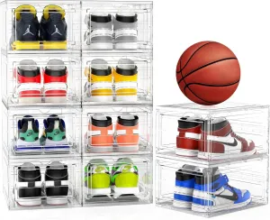 Mitees 10 Pack XX Large Thicken Sturdy Hard Plastic Clear Stackable Shoe Storage Boxes for Size 12, Sneaker Shoe Rack Containers Holders Bins Display Case Organizer for Closet, White