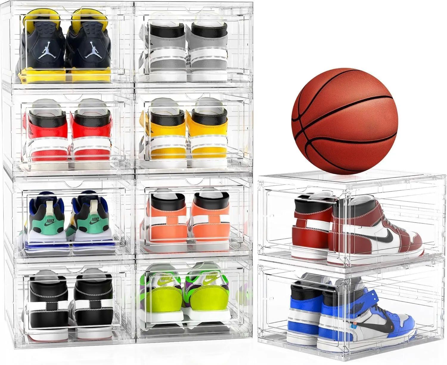 Mitees 10 Pack XX Large Thicken Sturdy Hard Plastic Clear Stackable Shoe Storage Boxes for Size 12, Sneaker Shoe Rack Containers Holders Bins Display Case Organizer for Closet, White