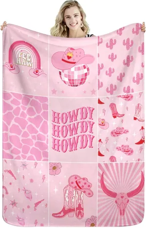 Miyotaa Cowgirl Howdy Flannel Blanket 60Wx80H Inch Gift Cool Teen Girls Preppy Hot Pink Western Y2K Boots Modern Soft Warm Fuzzy Throw Blanket for Couch Sofa Office Bed Throws Birthday Presents