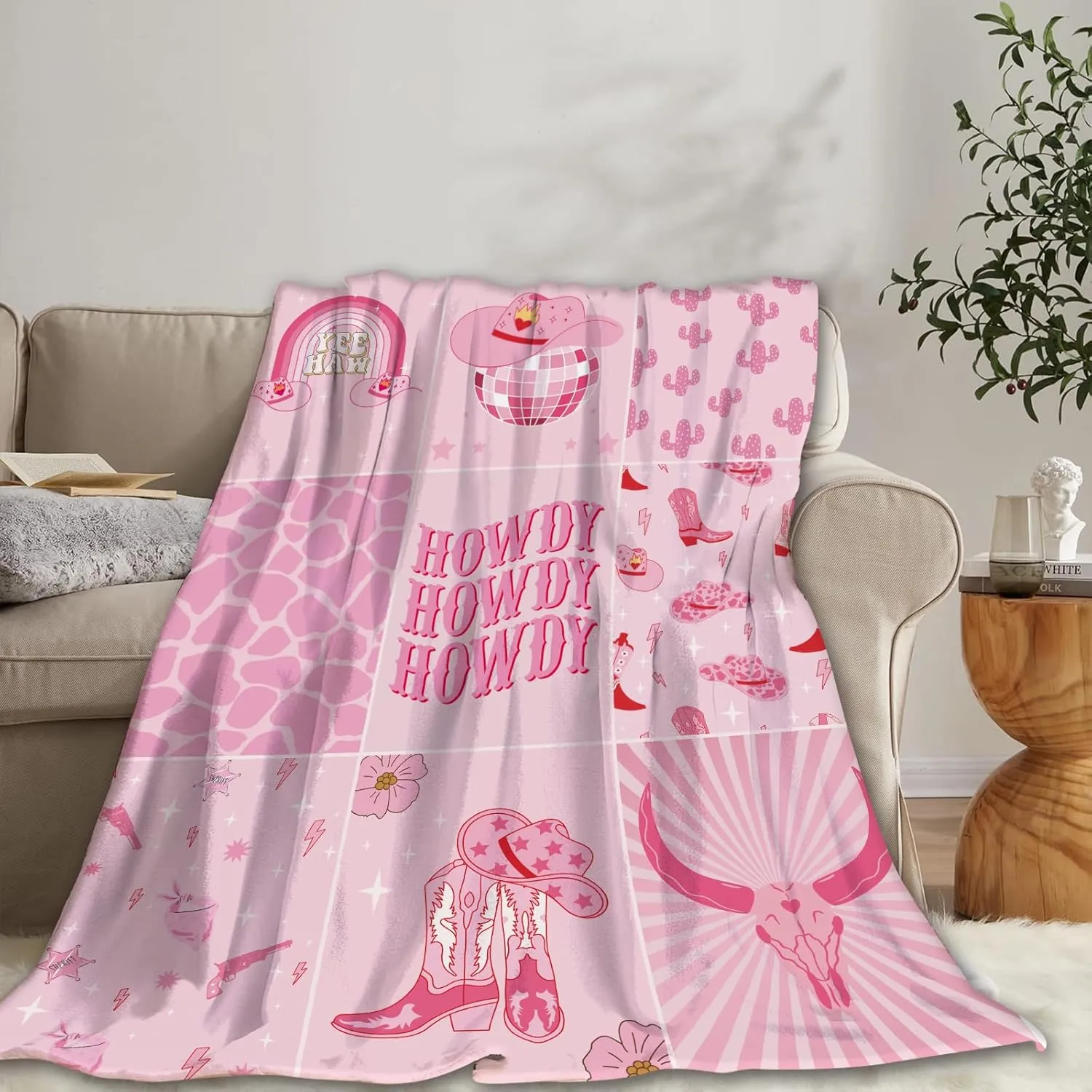 Miyotaa Cowgirl Howdy Flannel Blanket 60Wx80H Inch Gift Cool Teen Girls Preppy Hot Pink Western Y2K Boots Modern Soft Warm Fuzzy Throw Blanket for Couch Sofa Office Bed Throws Birthday Presents