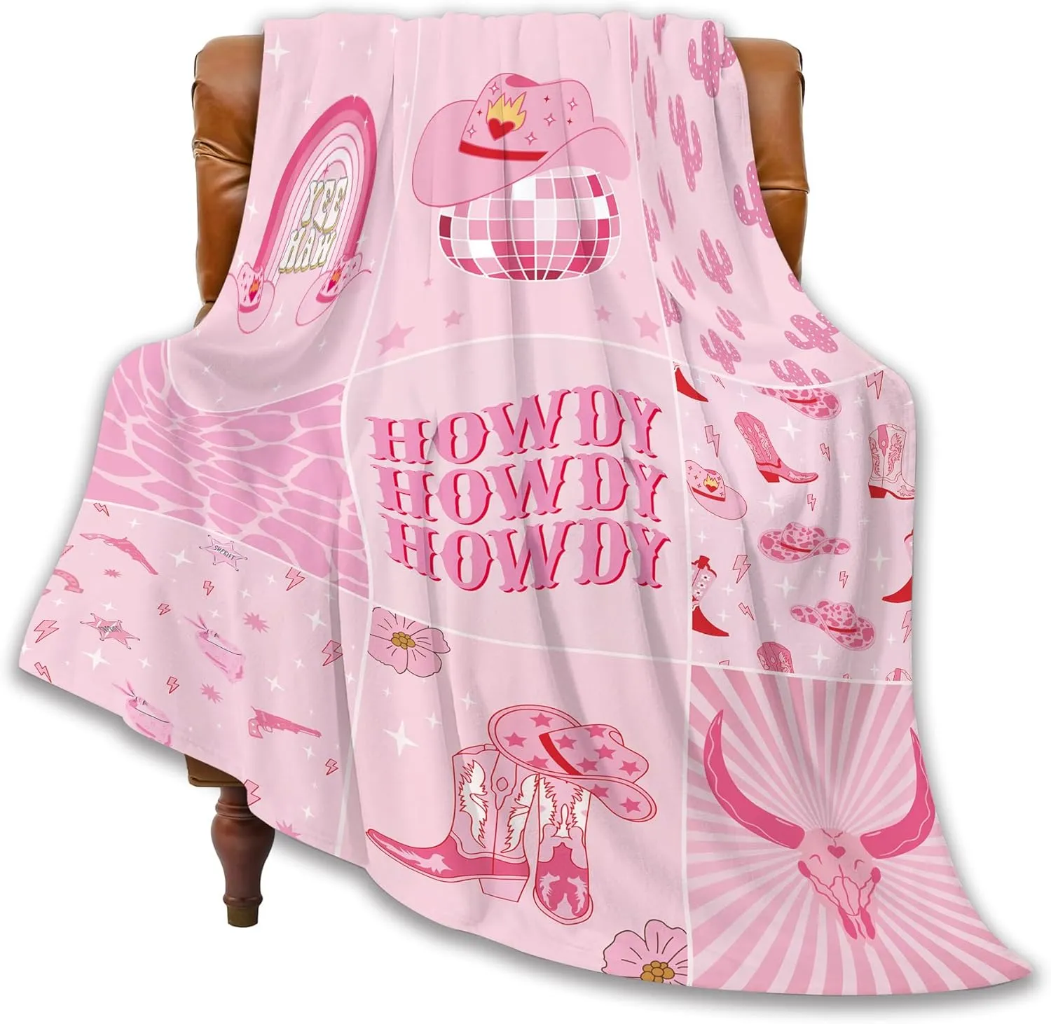 Miyotaa Cowgirl Howdy Flannel Blanket 60Wx80H Inch Gift Cool Teen Girls Preppy Hot Pink Western Y2K Boots Modern Soft Warm Fuzzy Throw Blanket for Couch Sofa Office Bed Throws Birthday Presents