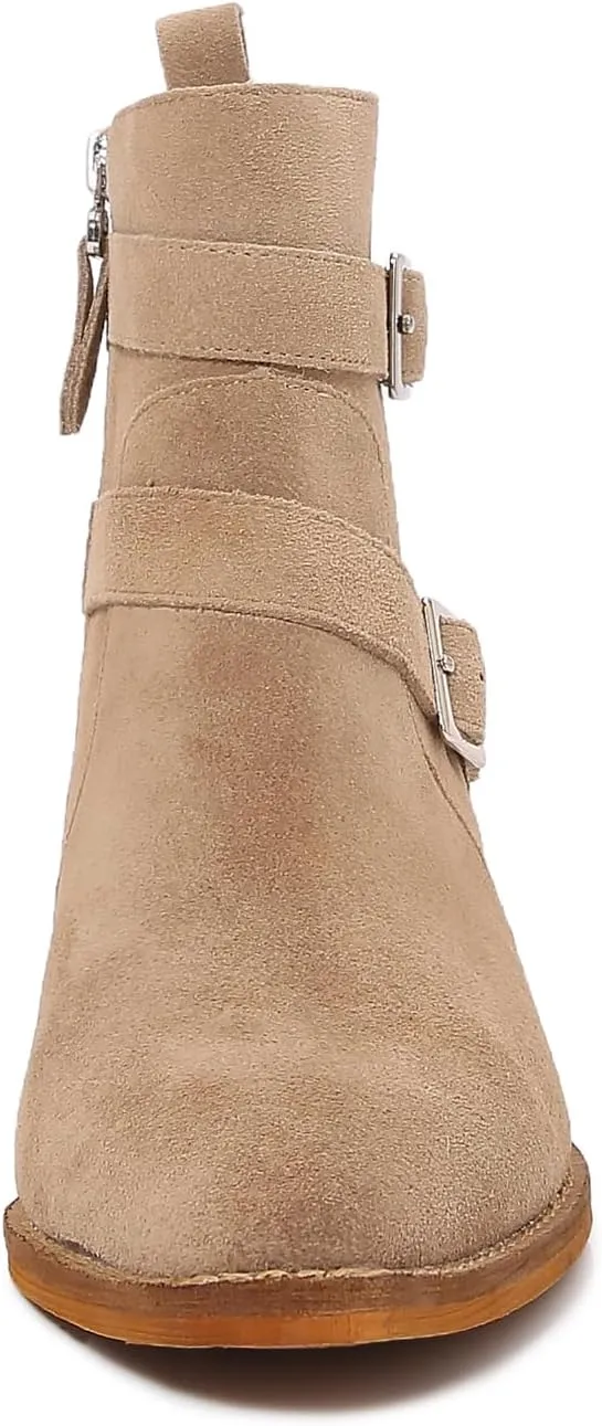mm Women's Leather Ankle Boots with Adjustable Buckles, Classic Pointed Toe Chunky Wooden Low Heel Side Zipper Casual Chelsea Western Booties for Ladies Fall,Khaki Black