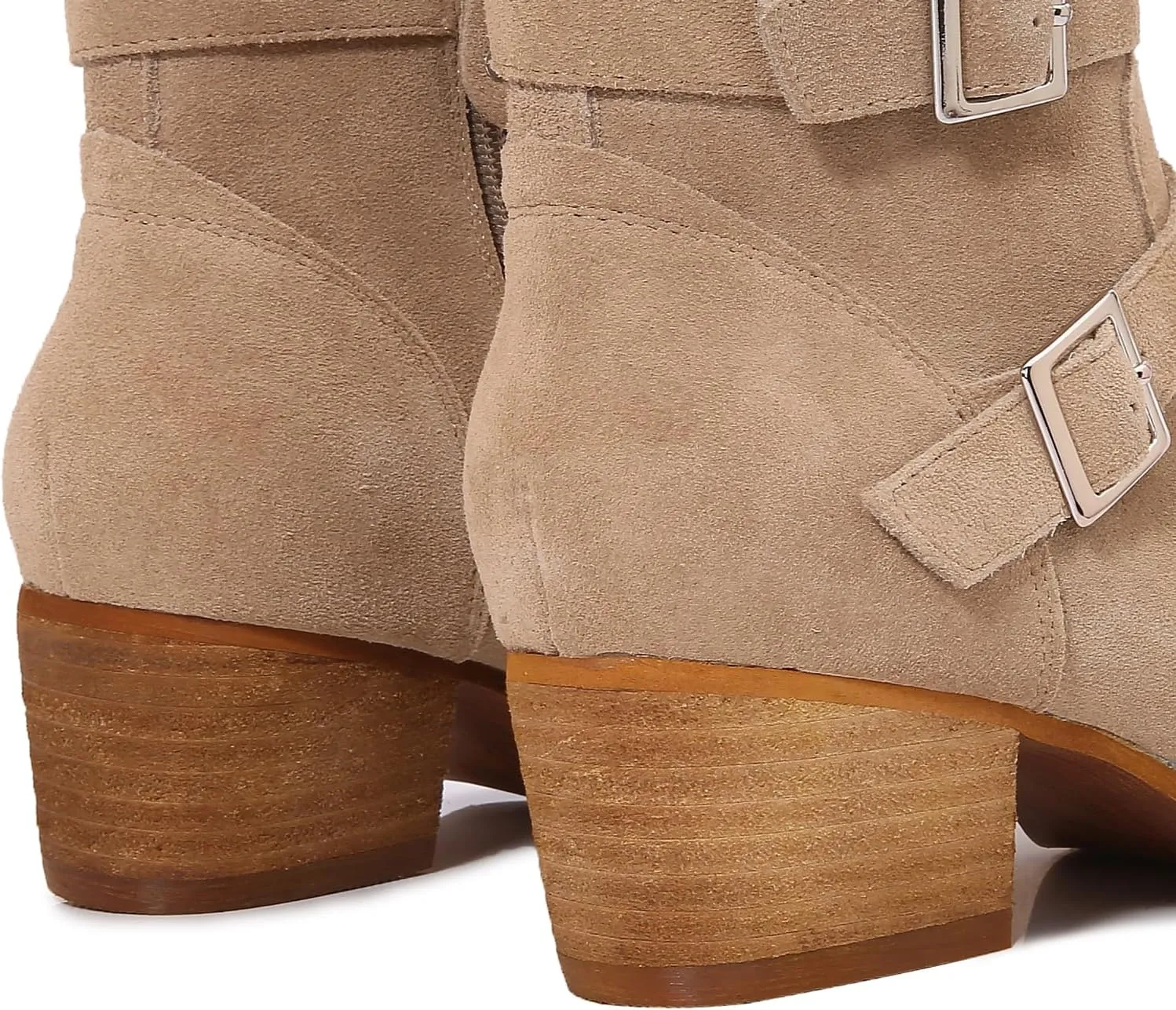 mm Women's Leather Ankle Boots with Adjustable Buckles, Classic Pointed Toe Chunky Wooden Low Heel Side Zipper Casual Chelsea Western Booties for Ladies Fall,Khaki Black