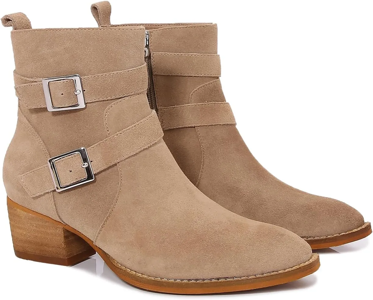 mm Women's Leather Ankle Boots with Adjustable Buckles, Classic Pointed Toe Chunky Wooden Low Heel Side Zipper Casual Chelsea Western Booties for Ladies Fall,Khaki Black
