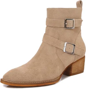 mm Women's Leather Ankle Boots with Adjustable Buckles, Classic Pointed Toe Chunky Wooden Low Heel Side Zipper Casual Chelsea Western Booties for Ladies Fall,Khaki Black