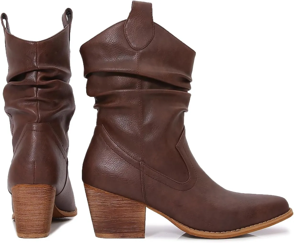 mm Women's Modern Western Short Cowboy Boot with Pull-Up Tabs, Slip On Pointed Toe Chunky Heel Cowgirl Boots for Girls Ladies Fall, Brown White Navy
