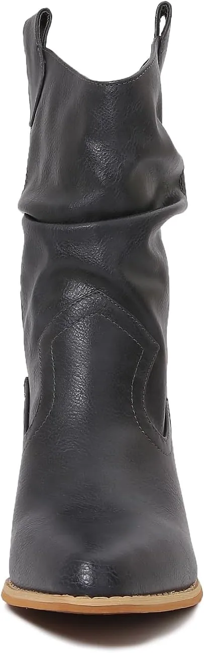 mm Women's Modern Western Short Cowboy Boot with Pull-Up Tabs, Slip On Pointed Toe Chunky Heel Cowgirl Boots for Girls Ladies Fall, Brown White Navy
