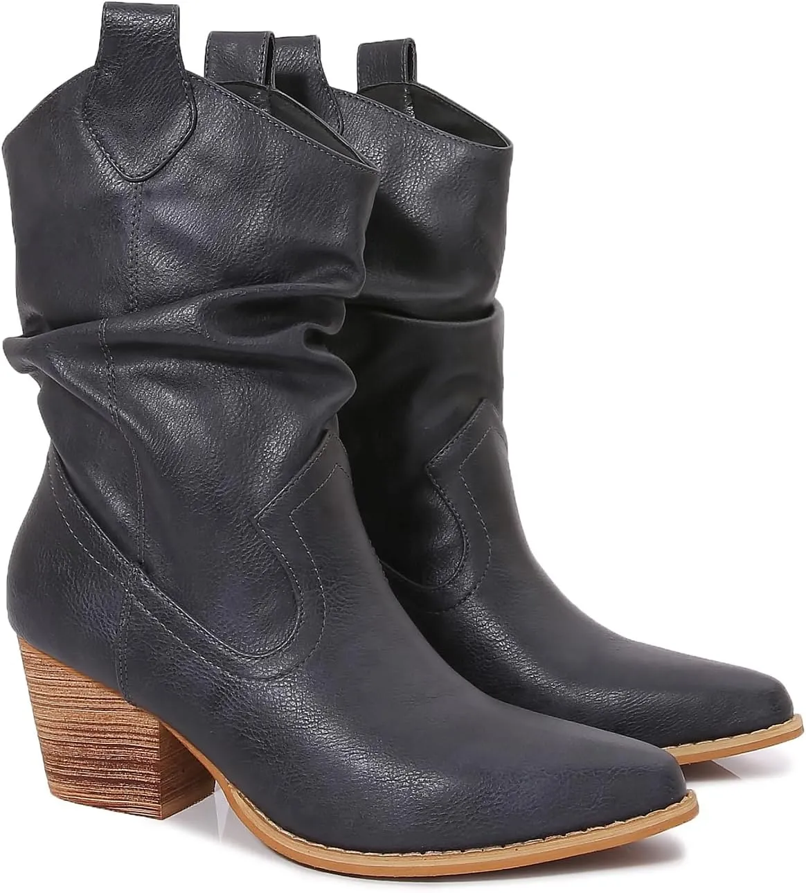 mm Women's Modern Western Short Cowboy Boot with Pull-Up Tabs, Slip On Pointed Toe Chunky Heel Cowgirl Boots for Girls Ladies Fall, Brown White Navy