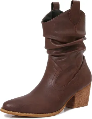 mm Women's Modern Western Short Cowboy Boot with Pull-Up Tabs, Slip On Pointed Toe Chunky Heel Cowgirl Boots for Girls Ladies Fall, Brown White Navy