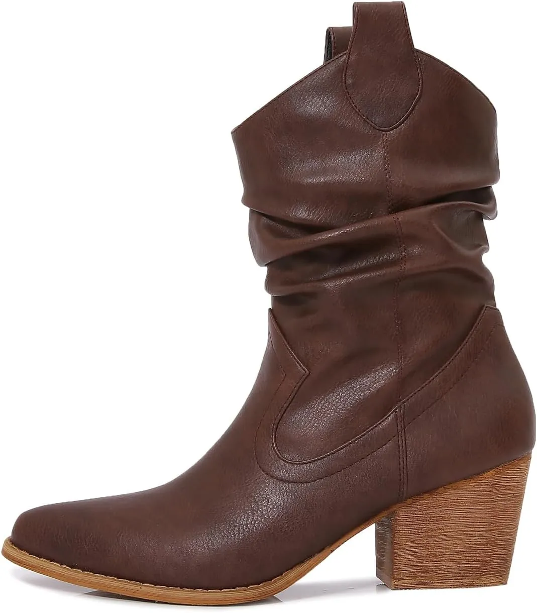 mm Women's Modern Western Short Cowboy Boot with Pull-Up Tabs, Slip On Pointed Toe Chunky Heel Cowgirl Boots for Girls Ladies Fall, Brown White Navy