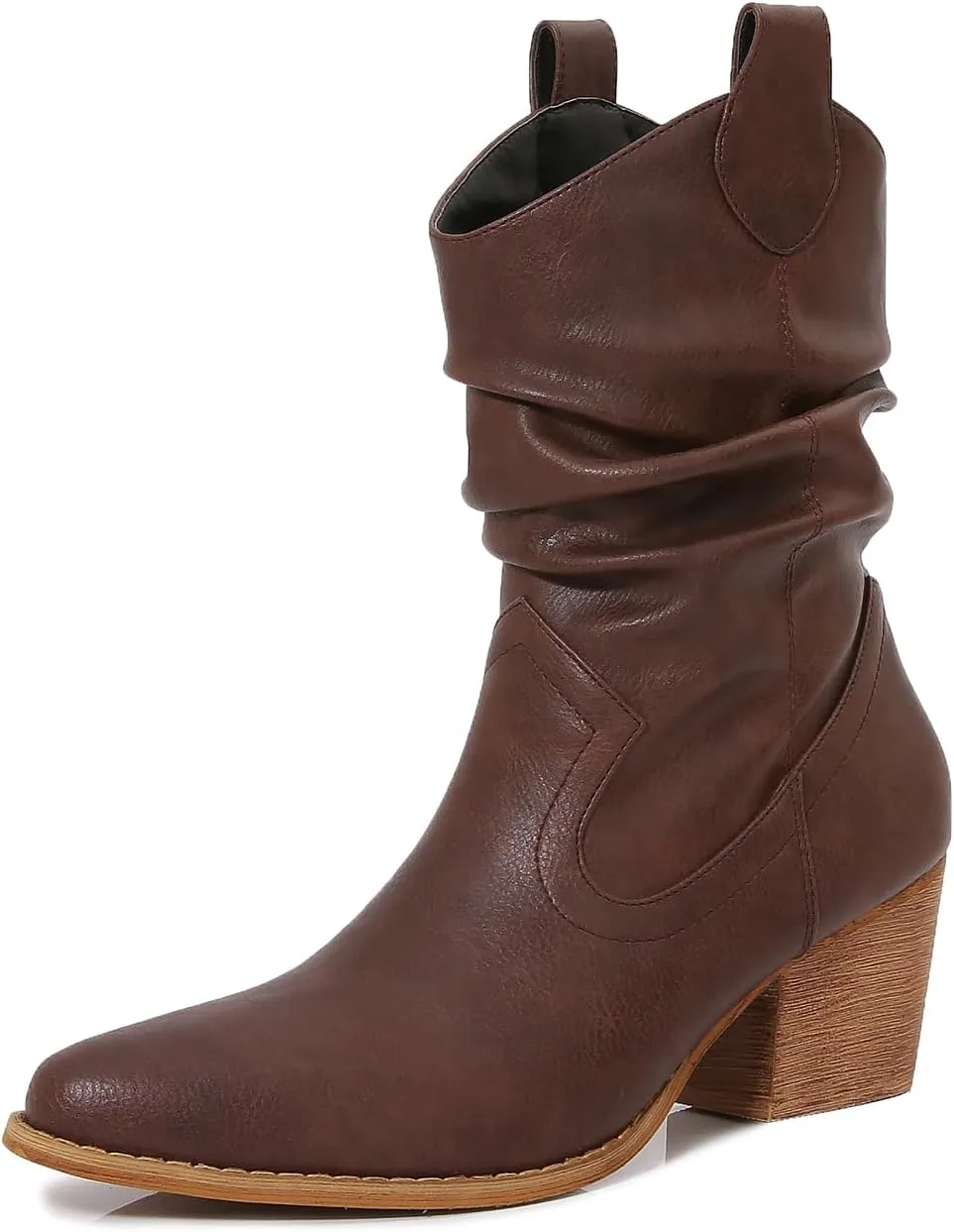 mm Women's Modern Western Short Cowboy Boot with Pull-Up Tabs, Slip On Pointed Toe Chunky Heel Cowgirl Boots for Girls Ladies Fall, Brown White Navy