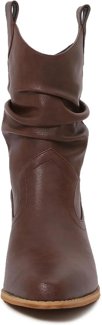 mm Women's Modern Western Short Cowboy Boot with Pull-Up Tabs, Slip On Pointed Toe Chunky Heel Cowgirl Boots for Girls Ladies Fall, Brown White Navy