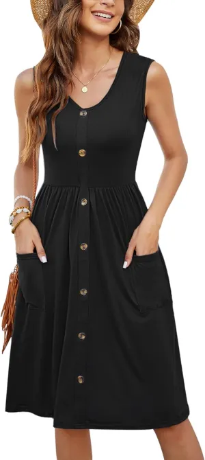 MOLERANI Women Summer Dresses Sleeveless Casual Loose Swing Button Down Midi Dress with Pockets