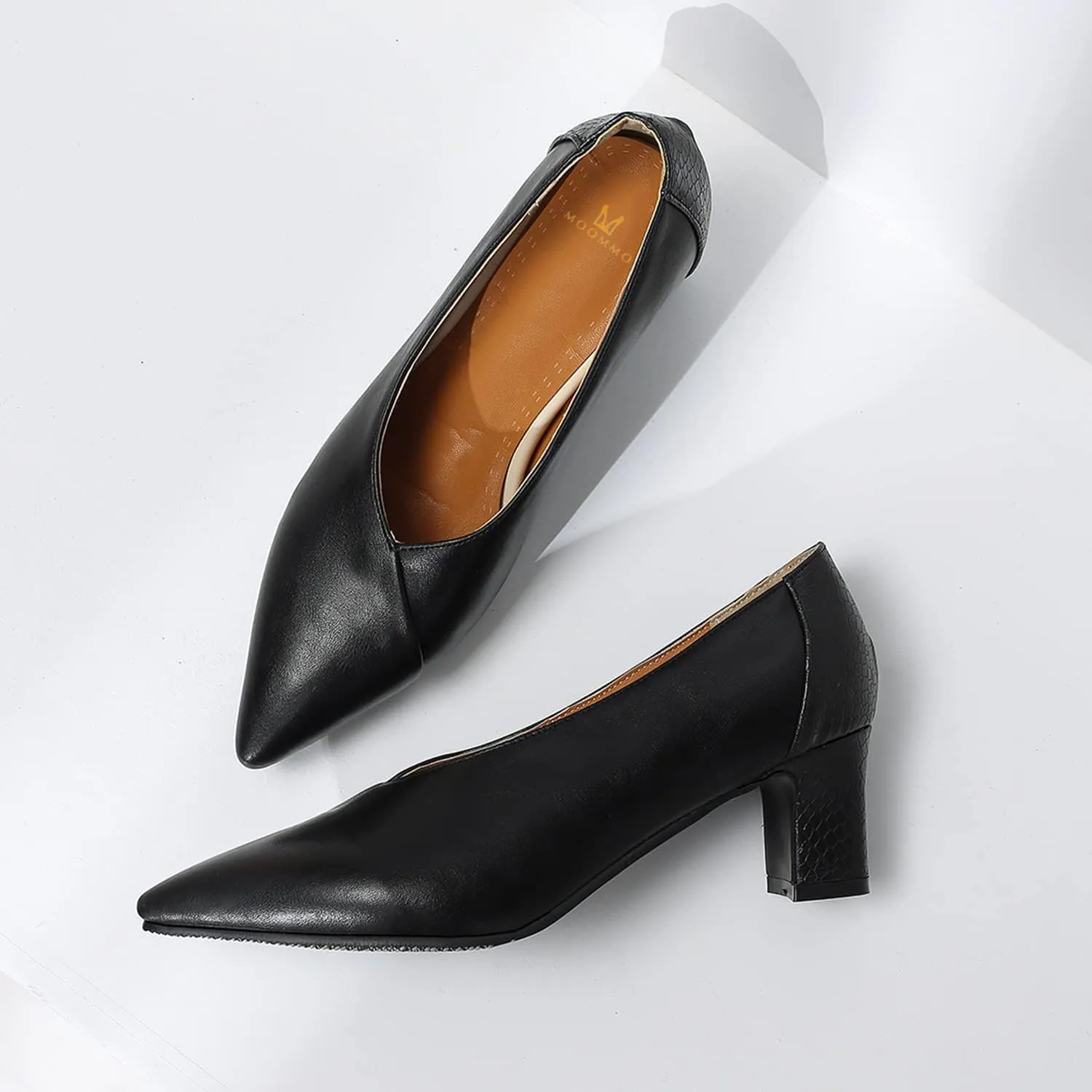 MOOMMO Women Comfortable Chunky Block Heel Pumps Shoes Pointed Toe Slip on Suede Penny Loafers Mid Heel Closed Pointy Toe Work Shoes Office Patchwork Ladies Dressy Fall Fashion Elegant 4-13 M US