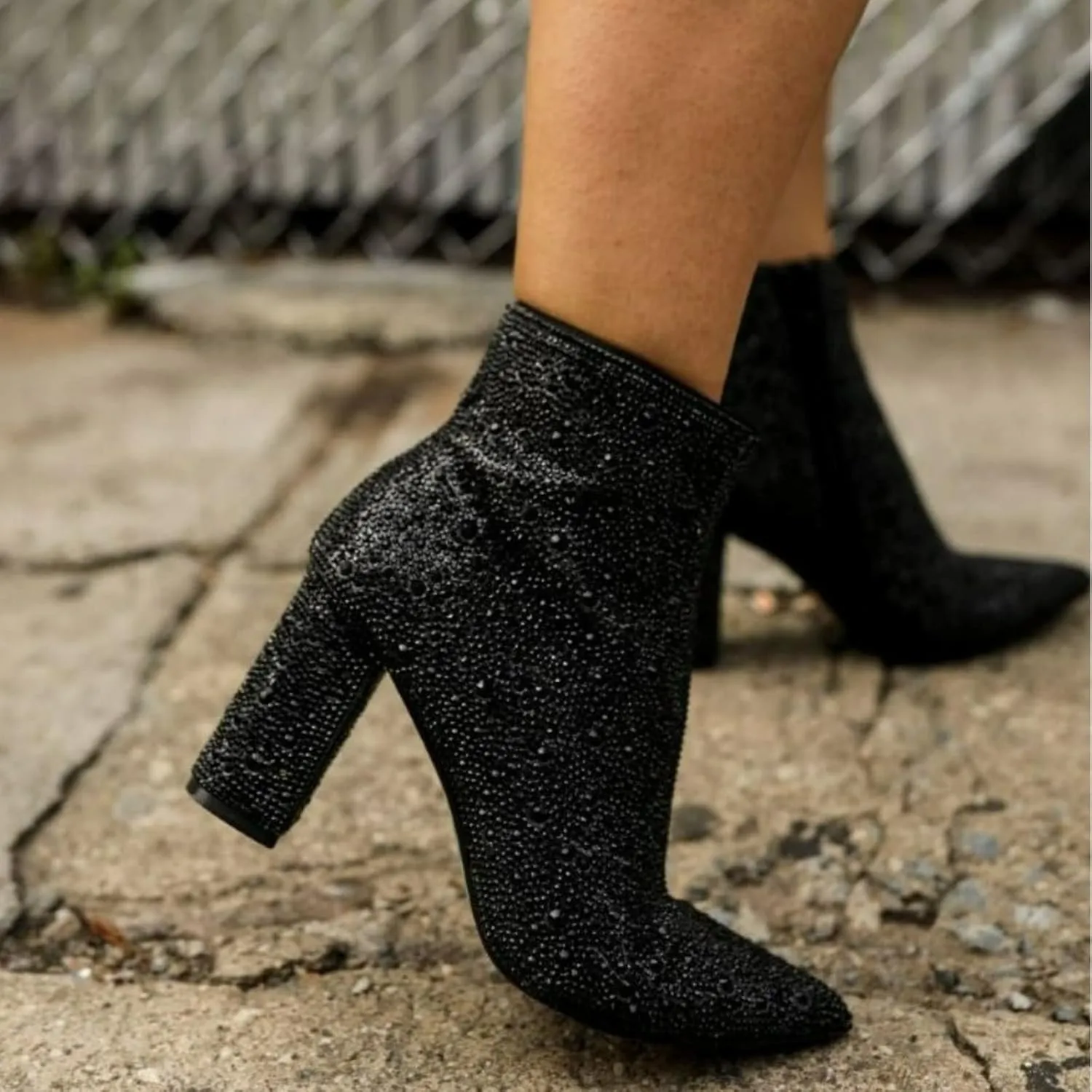 MUCCCUTE Women's Rhinestone Ankle Boots Point-Toe Block Chunky Heel Sparkly Party Wedding Booties Glitter Dressy Fashion Short Boots