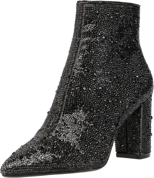 MUCCCUTE Women's Rhinestone Ankle Boots Point-Toe Block Chunky Heel Sparkly Party Wedding Booties Glitter Dressy Fashion Short Boots
