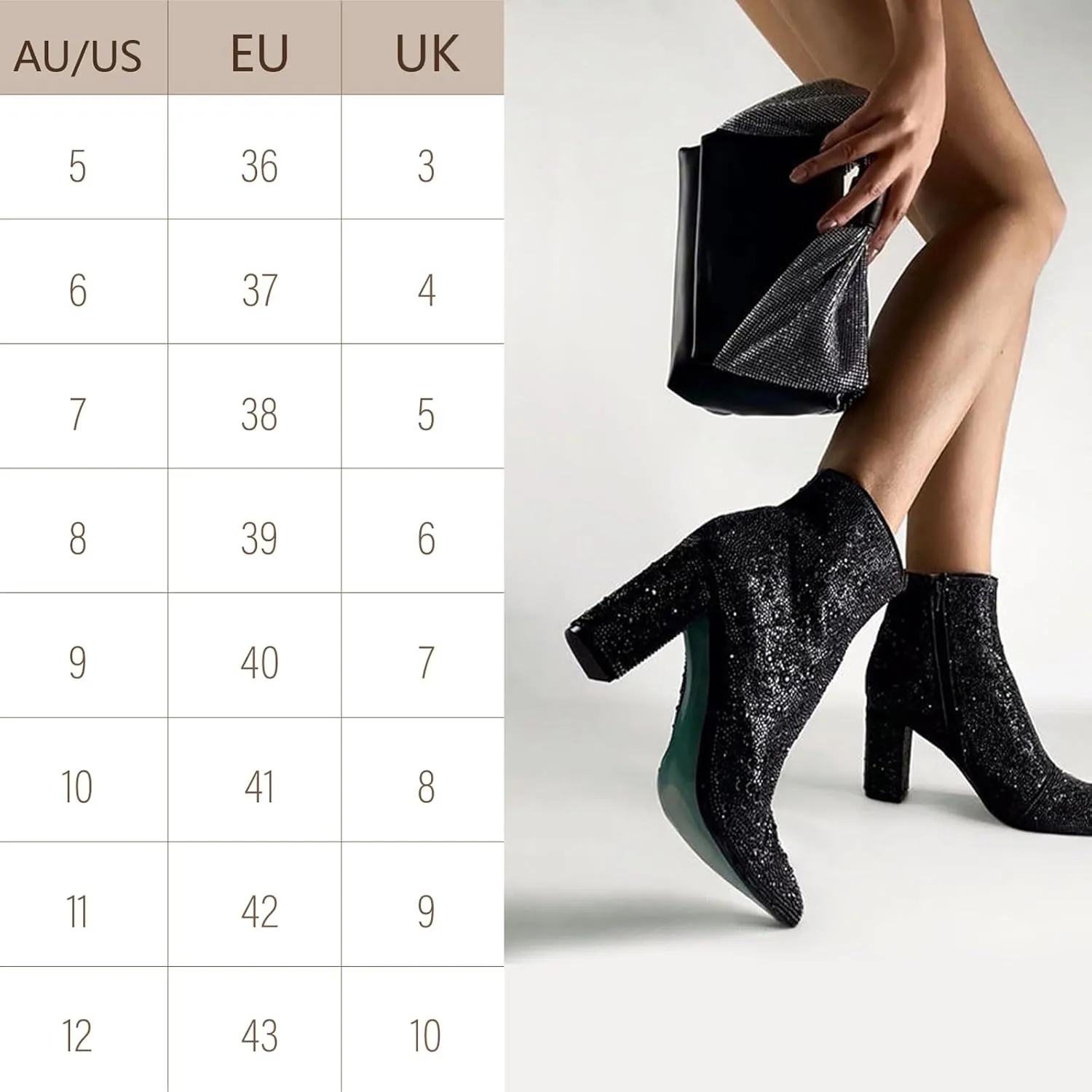 MUCCCUTE Women's Rhinestone Ankle Boots Point-Toe Block Chunky Heel Sparkly Party Wedding Booties Glitter Dressy Fashion Short Boots