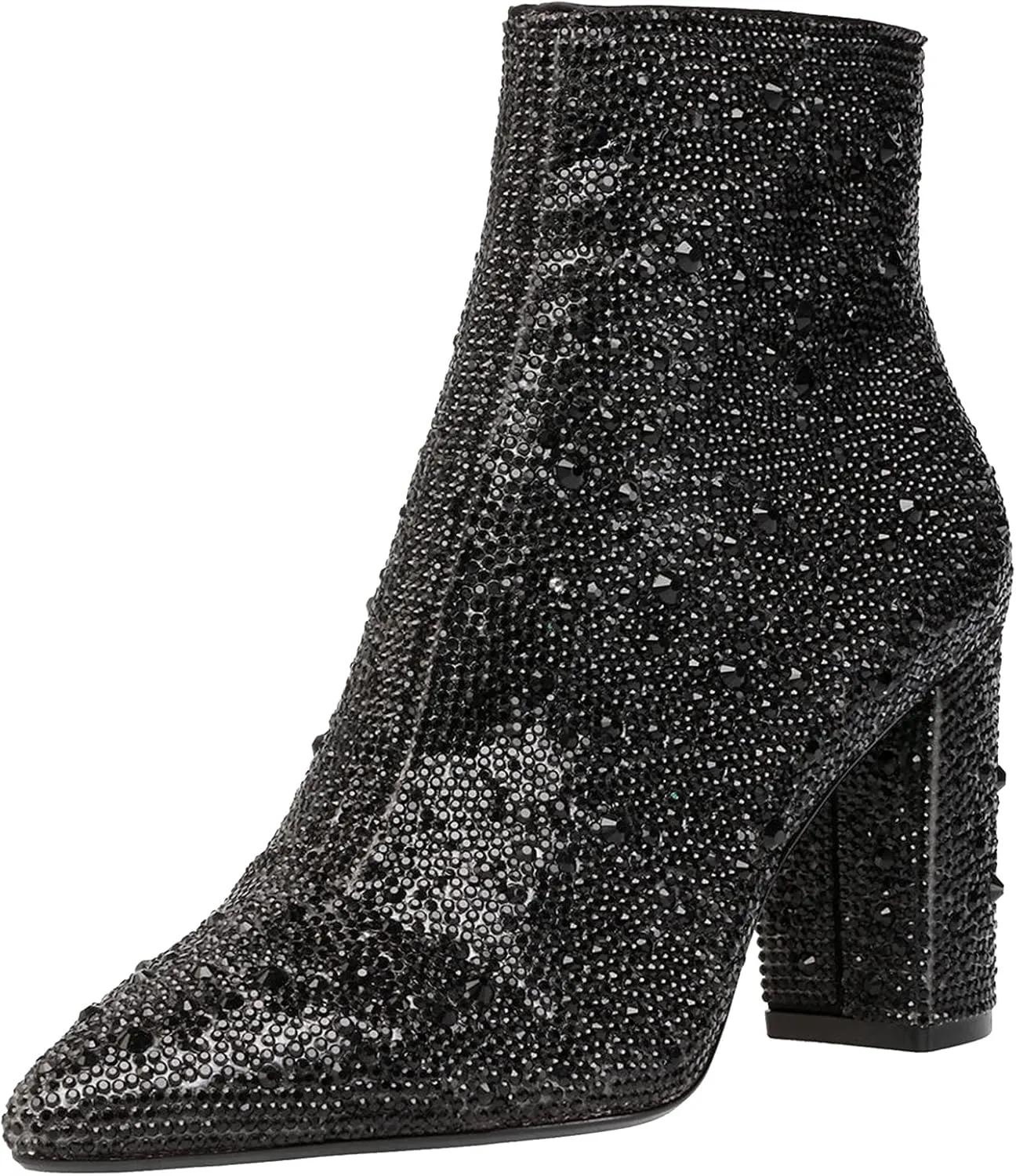 MUCCCUTE Women's Rhinestone Ankle Boots Point-Toe Block Chunky Heel Sparkly Party Wedding Booties Glitter Dressy Fashion Short Boots