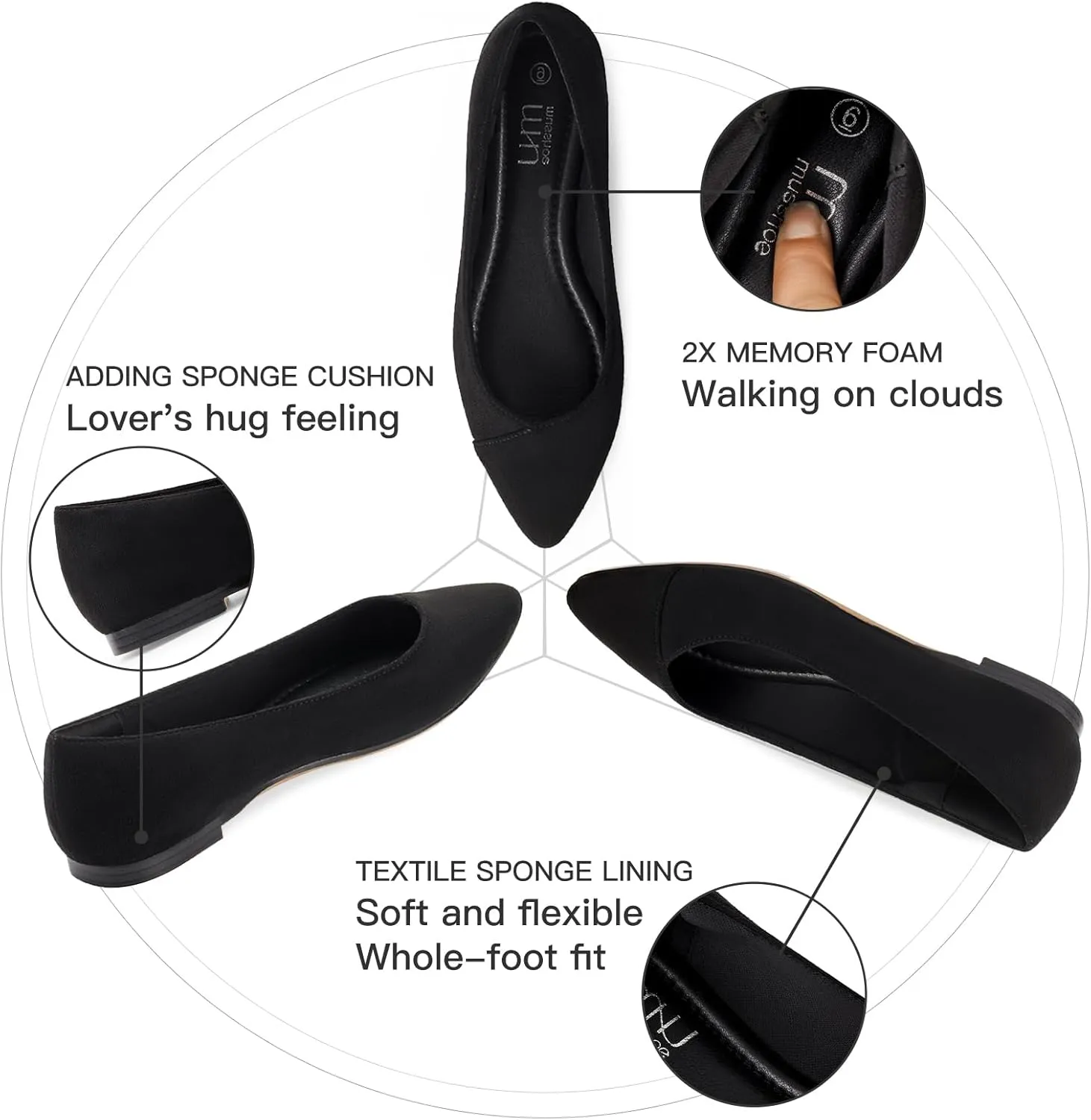 MUSSHOE Women’s Ballet Flat Shoes Comfortable Pointed Toe Slip on Black Shoes for Woman Classic Soft Shoes
