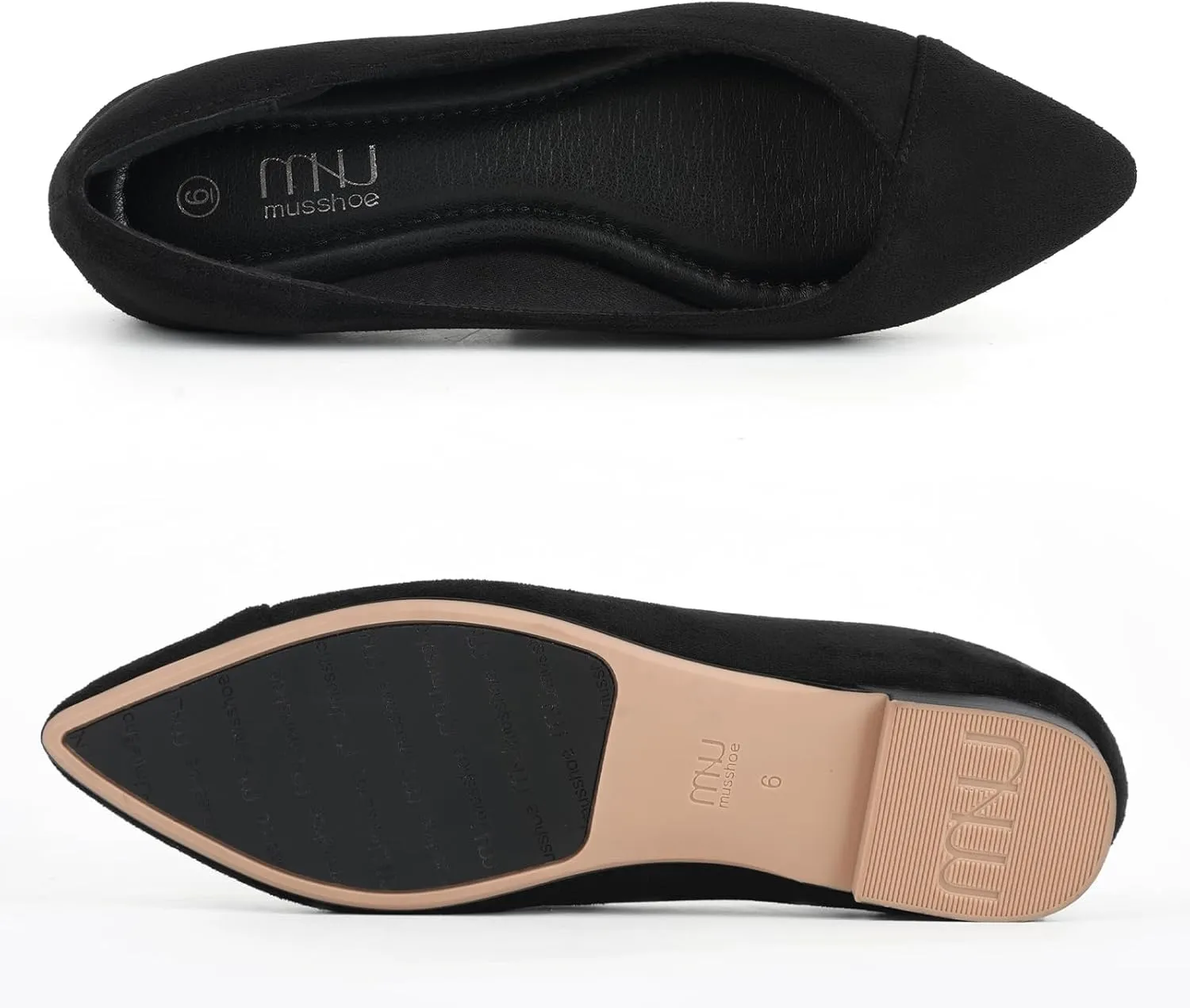 MUSSHOE Women’s Ballet Flat Shoes Comfortable Pointed Toe Slip on Black Shoes for Woman Classic Soft Shoes