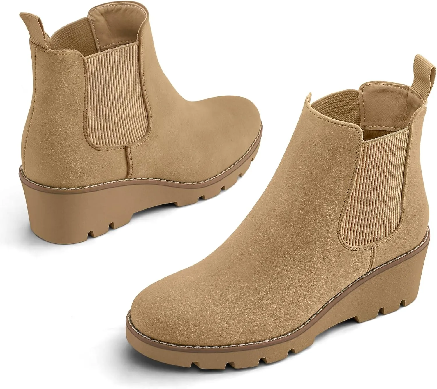 mysoft Women's Chelsea Wedge Booties Platform Lug Sole Elastic Low Wedge Heel Slip On Ankle Boots