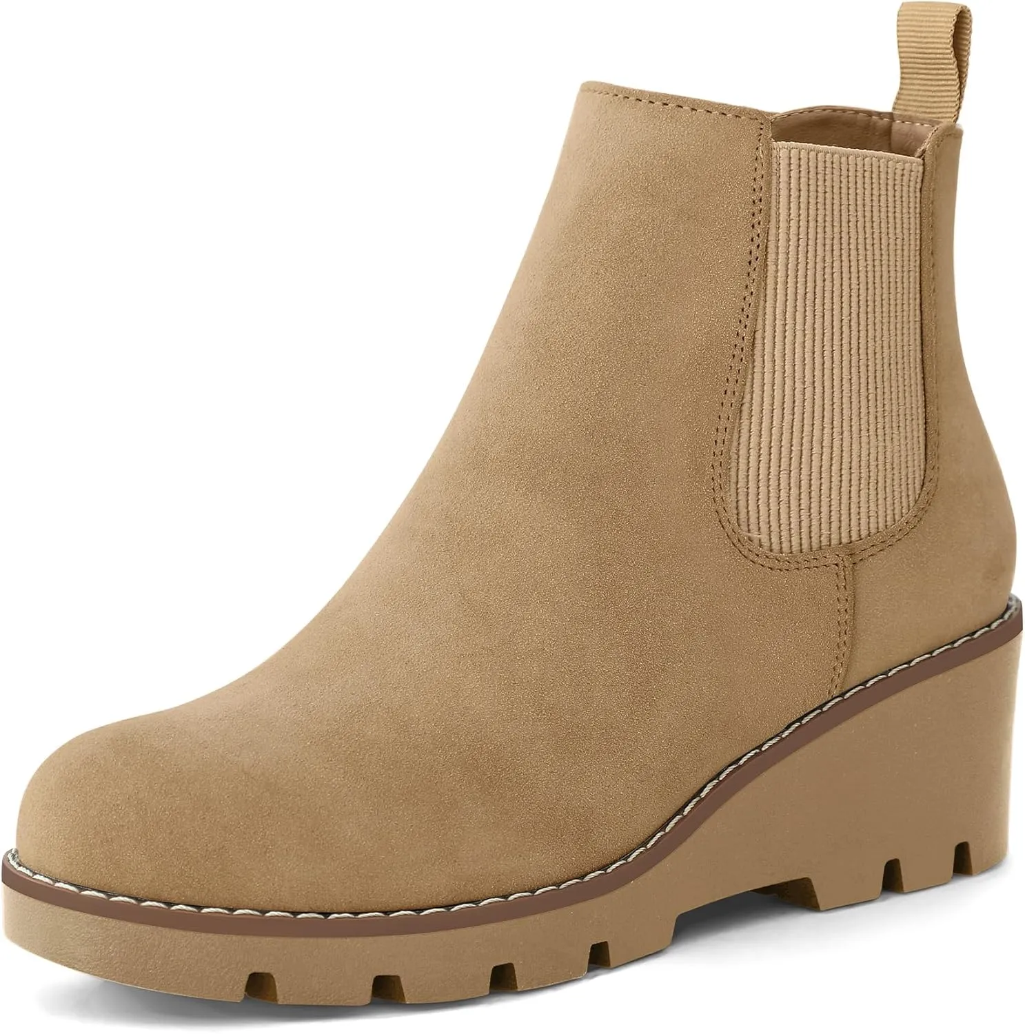 mysoft Women's Chelsea Wedge Booties Platform Lug Sole Elastic Low Wedge Heel Slip On Ankle Boots