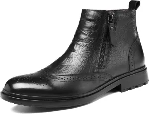 New Ankle Boots For Men Non Slip Anti-slip Block Heel Leather Brogue Embossed Wingtips Double Side Zip Vintage Stylish Casual