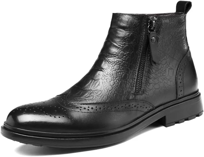 New Ankle Boots For Men Non Slip Anti-slip Block Heel Leather Brogue Embossed Wingtips Double Side Zip Vintage Stylish Casual
