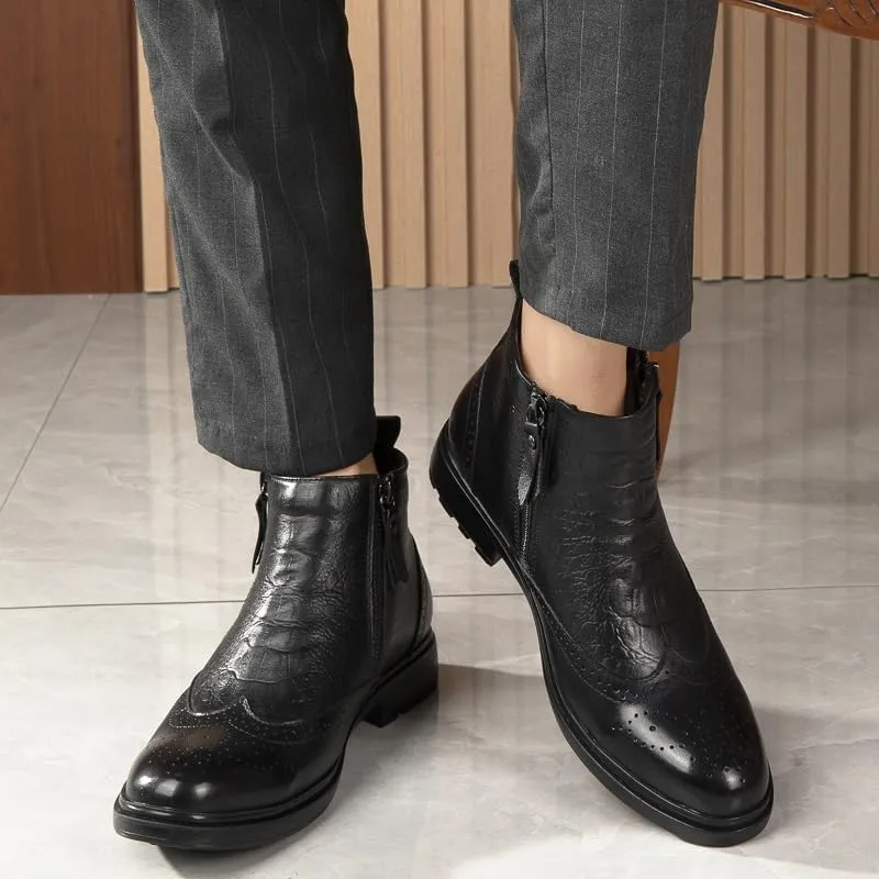 New Ankle Boots For Men Non Slip Anti-slip Block Heel Leather Brogue Embossed Wingtips Double Side Zip Vintage Stylish Casual