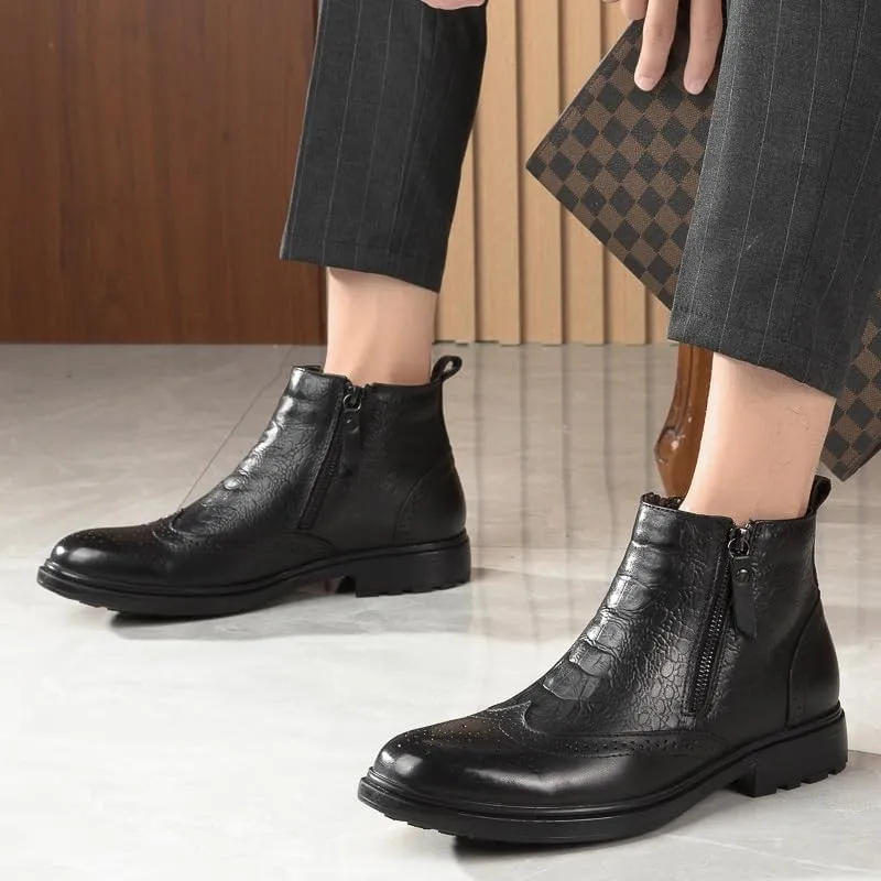 New Ankle Boots For Men Non Slip Anti-slip Block Heel Leather Brogue Embossed Wingtips Double Side Zip Vintage Stylish Casual