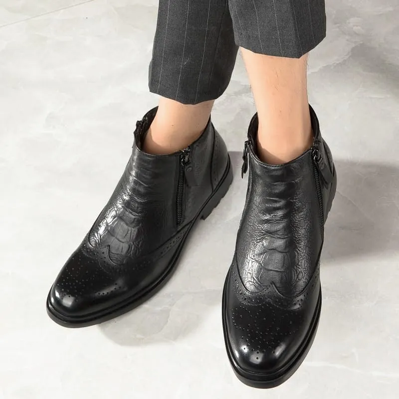 New Ankle Boots For Men Non Slip Anti-slip Block Heel Leather Brogue Embossed Wingtips Double Side Zip Vintage Stylish Casual