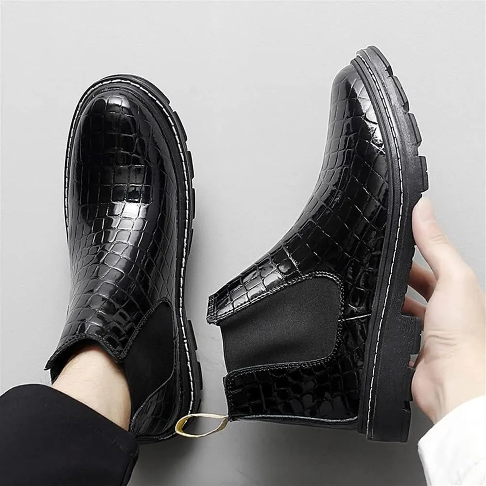 New Chelsea Boots For Men Round Toe Faux Crocodile Print Leather On Non Slip Wearable Anti-slip Waterproof Formal Dress