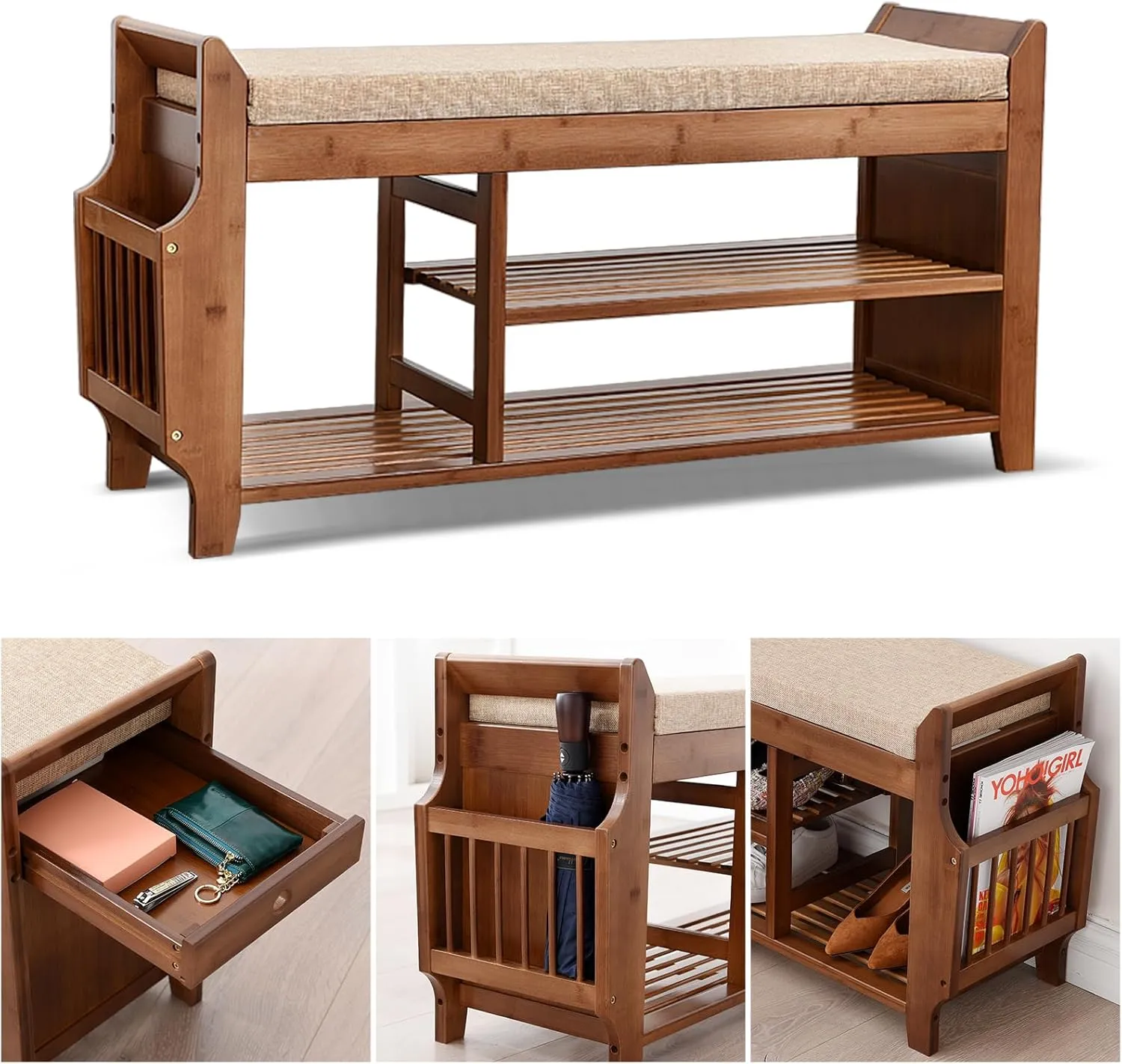 OAKHAM Bamboo Entryway Shoe Storage Bench, Entry Bench with Hidden Drawer and Side Holder, Shoe Rack for Hallway Living Room, Brown, 39''W