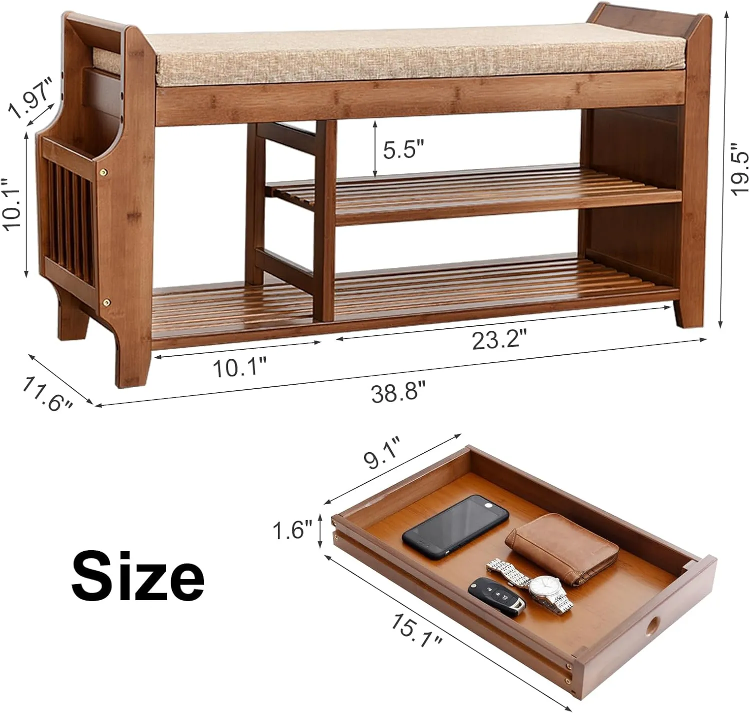 OAKHAM Bamboo Entryway Shoe Storage Bench, Entry Bench with Hidden Drawer and Side Holder, Shoe Rack for Hallway Living Room, Brown, 39''W
