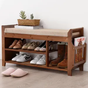 OAKHAM Bamboo Entryway Shoe Storage Bench, Entry Bench with Hidden Drawer and Side Holder, Shoe Rack for Hallway Living Room, Brown, 39''W