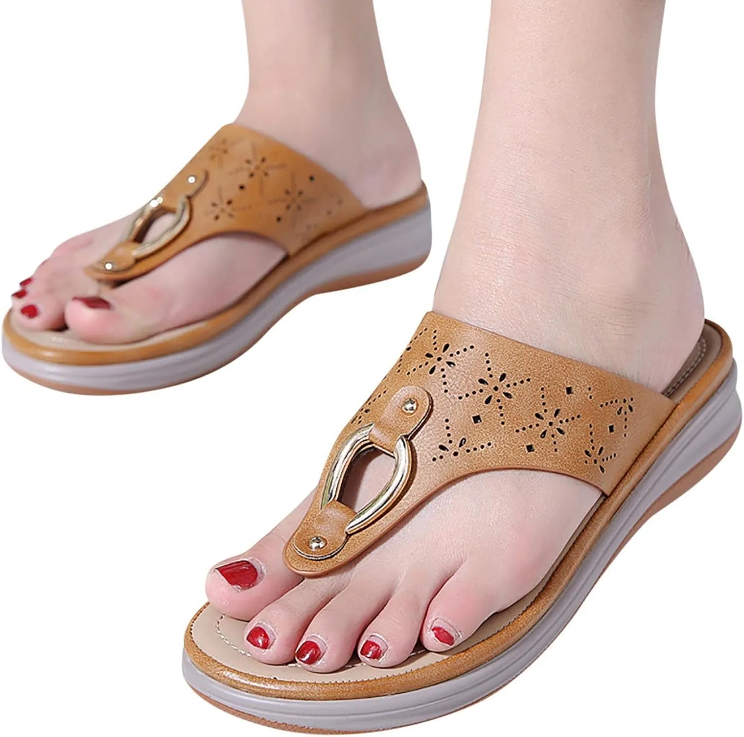 oiangi Flip Flop Sandals for Women Wedge Summer Casual Thong Straps Clip Toe Slipper Metal Decor Slip-on Slides Lightweight Comfy Hollow Ladies Shoes
