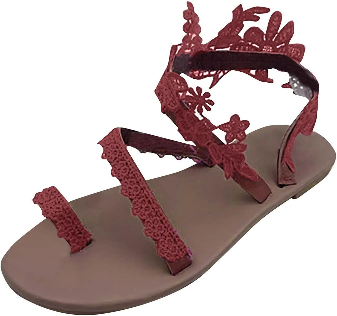oiangi Flower Lace Sandals for Women Flats Summer Casual Toe Ring Open Toe Slip-on Slides Sandals Lightweight Comfortable Ladies Outdoor Beach Shoes
