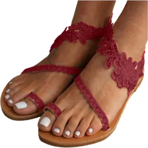 oiangi Flower Lace Sandals for Women Flats Summer Casual Toe Ring Open Toe Slip-on Slides Sandals Lightweight Comfortable Ladies Outdoor Beach Shoes